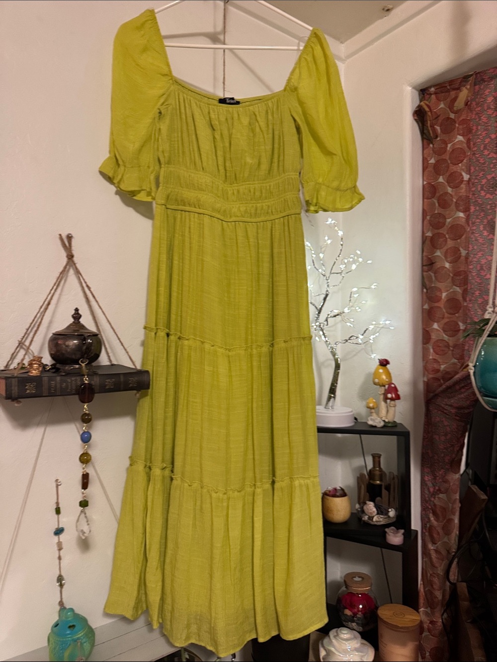 Lime Green Tiered Midi Dress with Puff Sleeves